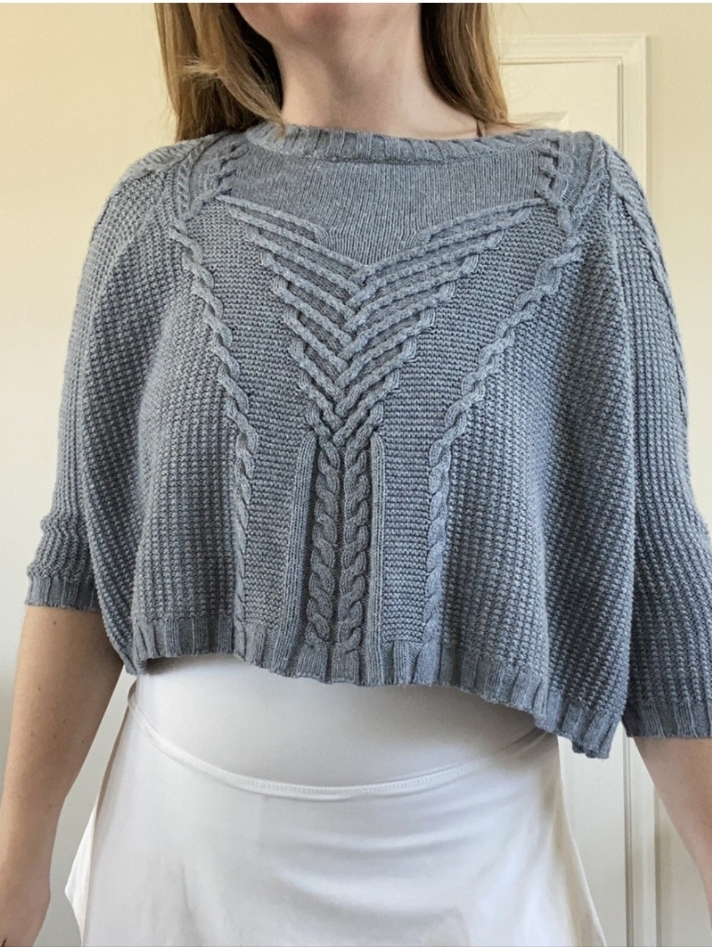 CAbi L Grey Blue #3481 Short And Sweet Cable-Front Scoop Neck  Cropped Oversized